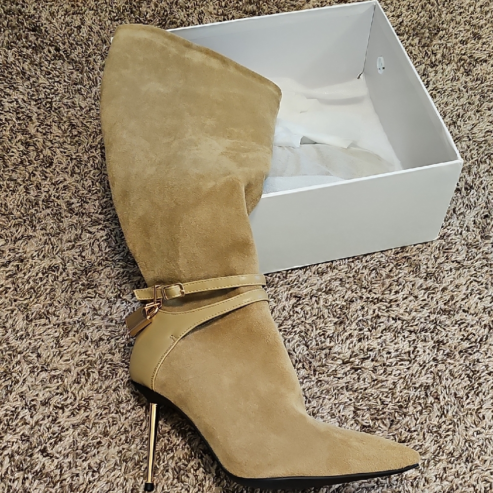 Apricot Color Heeled Boots with Stiletto Heel and Pointed Toe Size 39